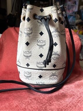 MCM Rare Vintage Mini White and Navy Visetos Drawstring Crossbody Bucket Bag